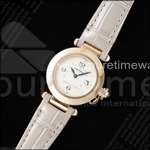 까르띠에 파샤 30mm 로즈골드 AF 1:1 베스트 에디션 화이트 텍스처 다이얼 그레이 가죽 스트랩 Jaq 쿼츠
