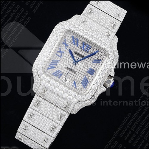 까르띠에 산토스 40mm 풀 다이아몬드 스테인리스 스틸 TWF 베스트 에디션 다이아몬드 블루 로마 숫자 다이얼 브레이슬릿 미요타 8215