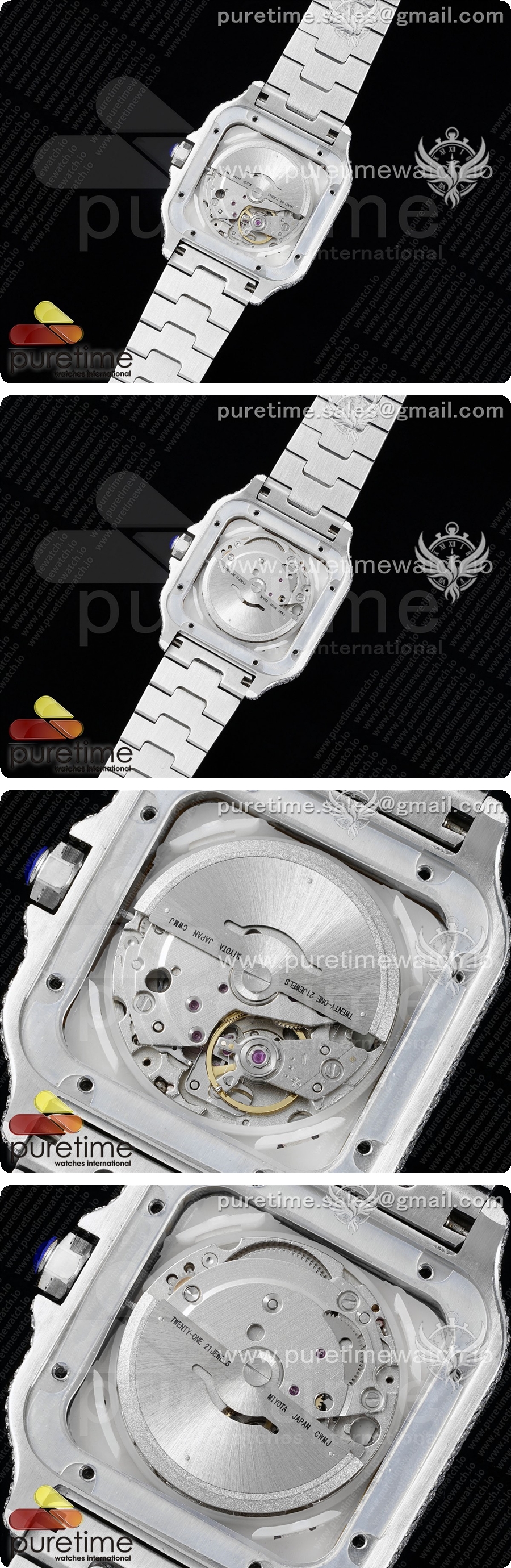 까르띠에 산토스 40mm 풀 다이아몬드 스테인리스 스틸 TWF 베스트 에디션 컬러풀 로만 다이얼 브레이슬릿 미요타 8215 상세이미지 5