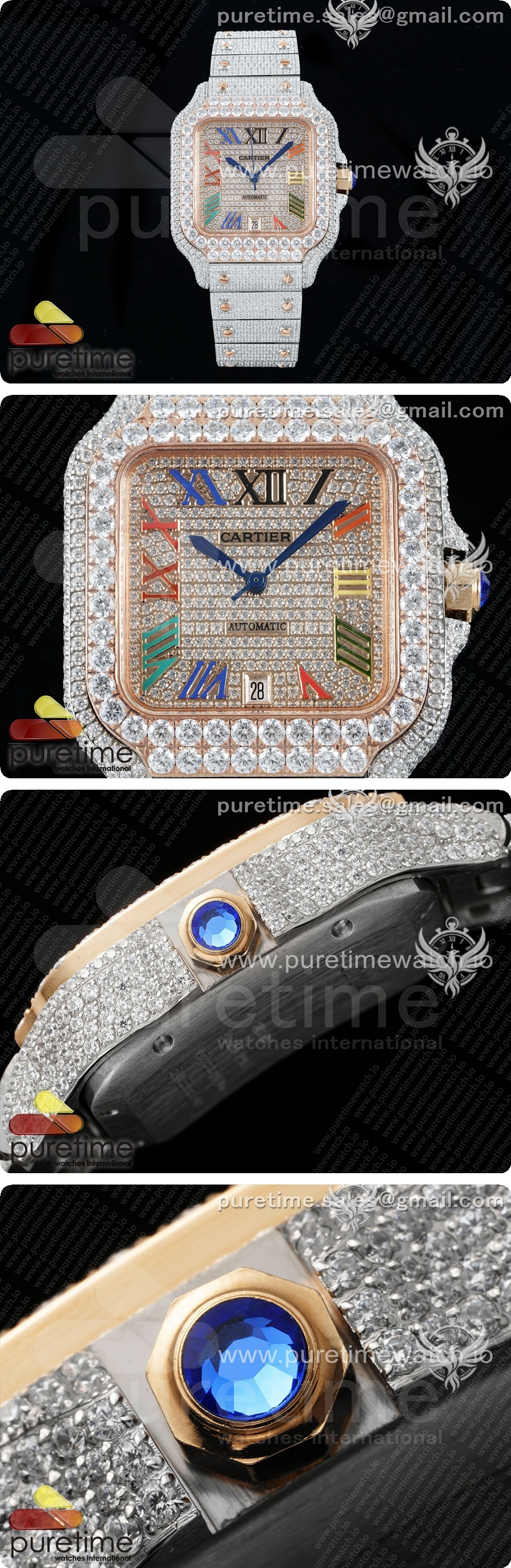 까르띠에 산토스 40mm 풀 다이아몬드 스테인리스 스틸/로즈골드 TWF 베스트 에디션, 로즈 골드 다이아몬드, 컬러풀 로마 숫자 다이얼, 브레이슬릿, 미요타 9015 상세이미지 3