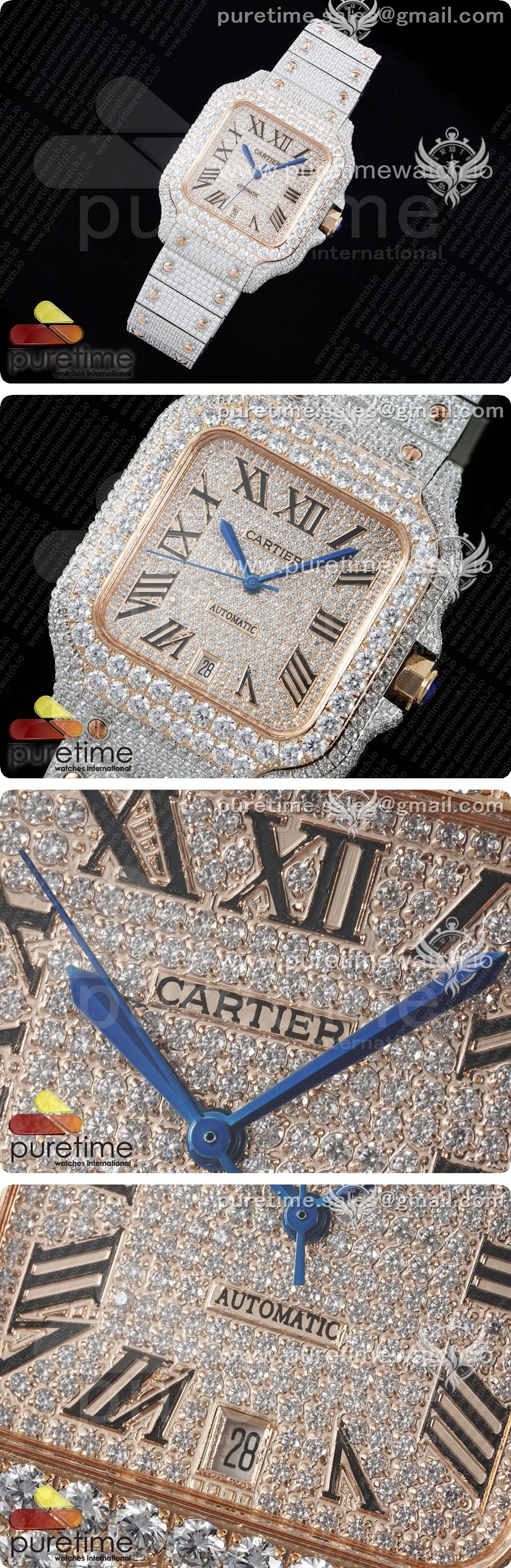 까르띠에 산토스 40mm 풀 다이아몬드 스테인리스 스틸/로지스틱 TWF 베스트 에디션, 로즈 골드 다이아몬드 로마 숫자 다이얼, 브레이슬릿, 미요타 9015 상세이미지 2