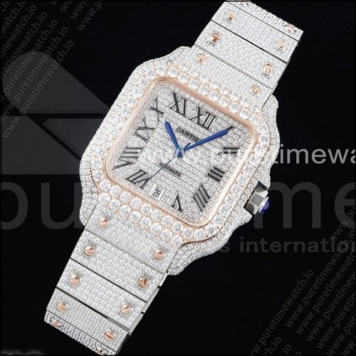 까르띠에 산토스 40mm 풀 다이아몬드 스테인레스스틸/로즈골드 TWF 베스트 에디션 SS 다이아몬드 로마 숫자 다이얼 브레이슬릿 MIYOTA 9015